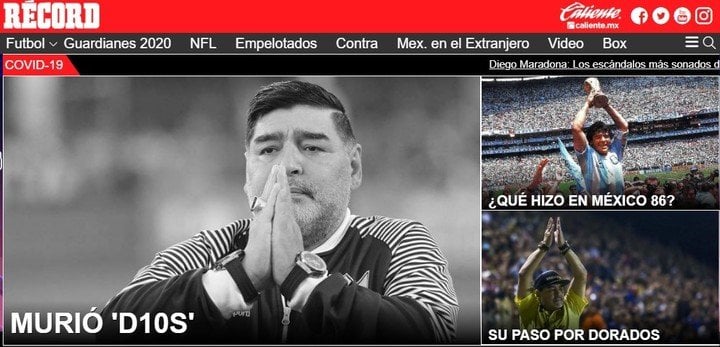 Confira a repercussão da morte de Diego Armando Maradona no periódico: 'Record'.