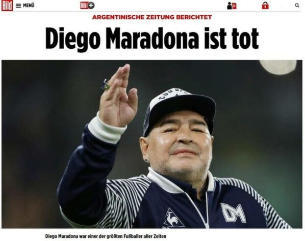 Confira a repercussão da morte de Diego Armando Maradona no periódico alemão: 'Bild'