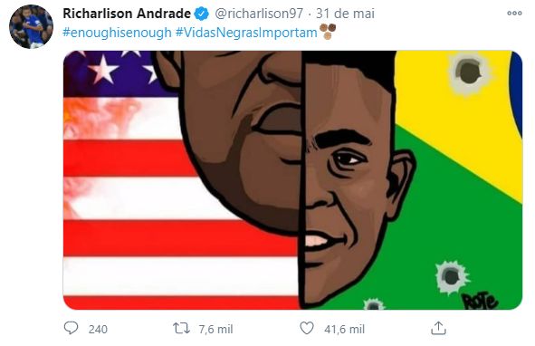 Richarlison não fica calado em relação ao racismo que existe dentro e fora do Brasil. Com as hashtags #enoughisenough e #VidasNegrasImportam, ele postou uma montagem que liga os Estados Unidos e o Brasil com George Floyd e João Pedro, ambos mortos pela polícia.