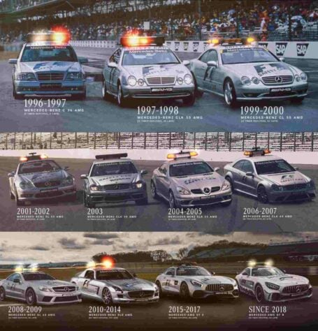 Também a partir de 1996, a Mercedes fechou parceria com a F1 para ser fornecedora exclusiva dos carros de segurança. Acima, todos os modelos de lá para cá