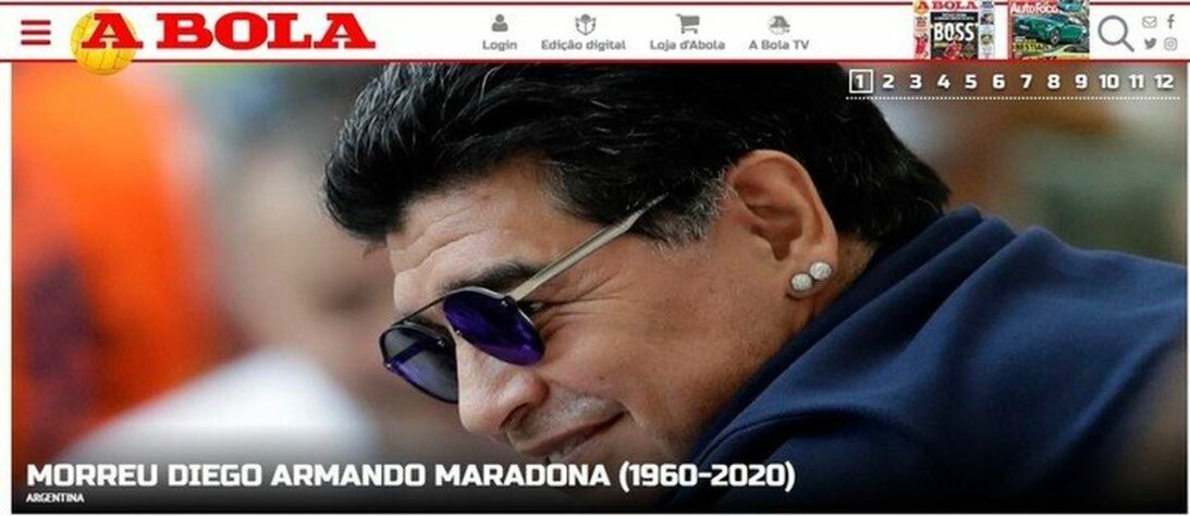 Confira a repercussão da morte de Diego Armando Maradona no periódico português 'A Bola'