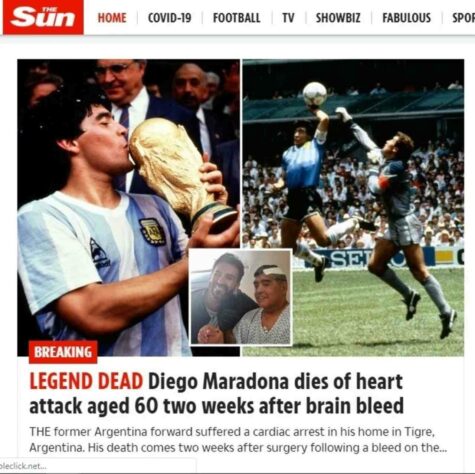 O periódico britânico também repercutiu a morte de Maradona com imagens da Copa de 1986 e o lendário e emblemático gol de mão (La mano de Díos).
