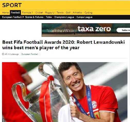 BBC (Inglaterra) - "Robert Lewandowski vence prêmio de melhor jogador do ano"