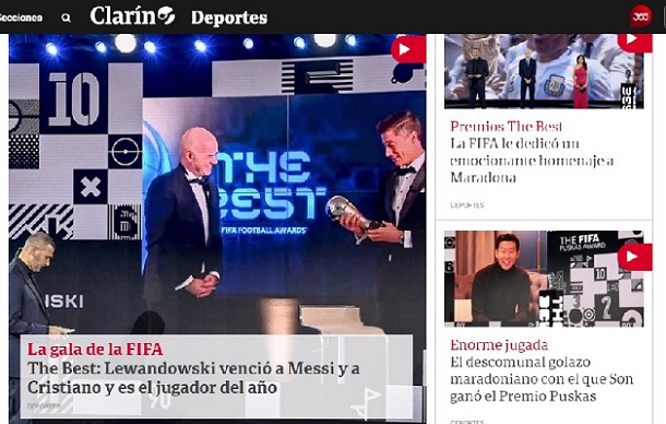Clarín (Argentina) - "The Best: Lewandowski venceu Messi e Cristiano Ronaldo e é o jogador do ano"