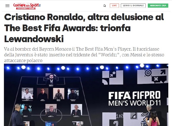 Corriere dello Sport (Itália) - "Cristiano Ronaldo tem outra decepção no The Best Fifa: triunfo de Lewandowski"