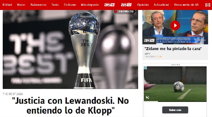 Diário As (Espanha) - "Justiça com Lewandowski, não entendo o (prêmio) de Klopp"
