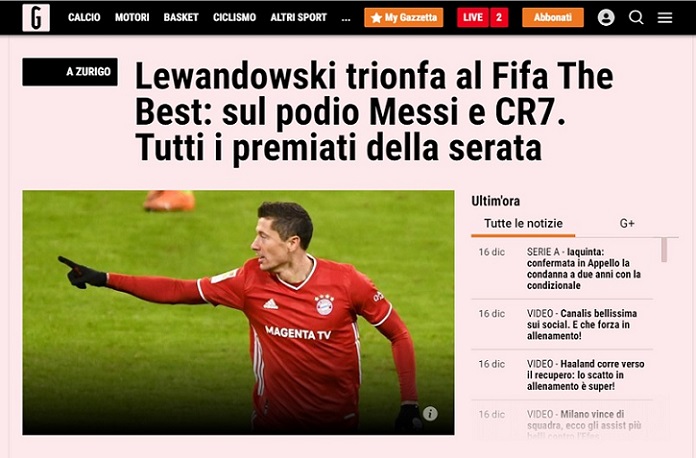 Gazzetta dello Sport (Itália) - "Lewandowski triunfa no Fifa The Best: Messi e CR7 no pódio"