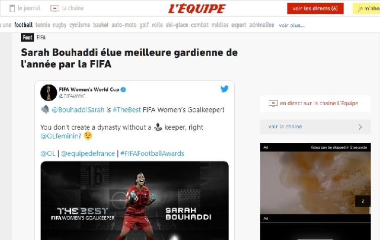 L'Equipe (França) - "Sarah Bouhaddi eleita a melhor goleira do ano pela Fifa"