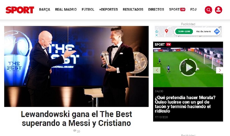 Sport (Espanha) - "Lewandowski ganha o The Best superando Messi e Cristiano"