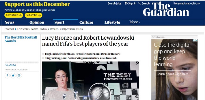 The Guardian (Inglaterra) - "Lucy Bronze e Robert Lewandowski eleitos os melhores jogadores do ano pela Fifa"