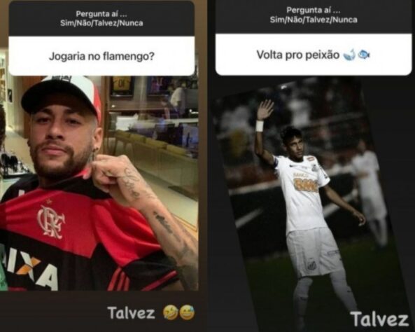 Neymar respondeu às perguntas de seguidores nos stories do Instagram. Quando questionado sobre um possível retorno ao Santos, ele respondeu com talvez. Da mesma forma, respondeu sobre jogar no Flamengo, criando expectativas na torcida Rubro-Negra.
