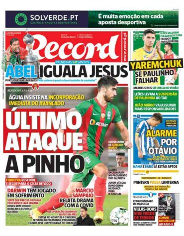 Record - Outro diário de Portugal exaltou Abel Ferreira e lembrou de Jorge Jesus.