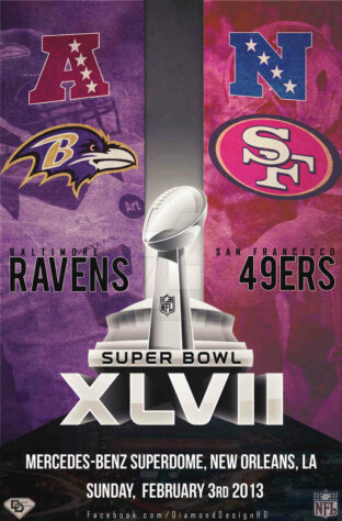 Super Bowl XLVII - Nova Orleans foi o palco para a decisão entre Baltimore Ravens e San Francisco 49ers. No Super Bowl que ficou marcado pelo apagão durante a partida, os Ravens superaram os 49ers por 34 a 31 e conquistaram o segundo SB da franquia.