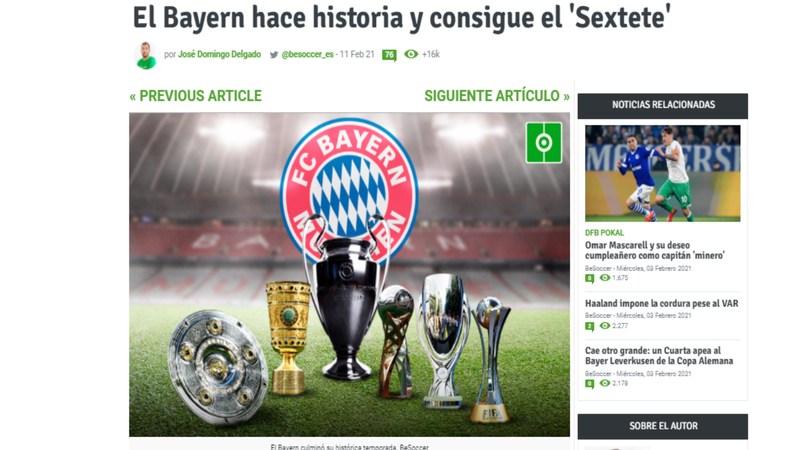 Be Soccer - O jornal espanhol destacou a conquista do Bayern e afirmou que o clube 'fez história'. 