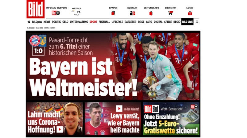 Bild - O jornal alemão 'Bild' destacou o quarto título mundial do Bayern de Munique.  