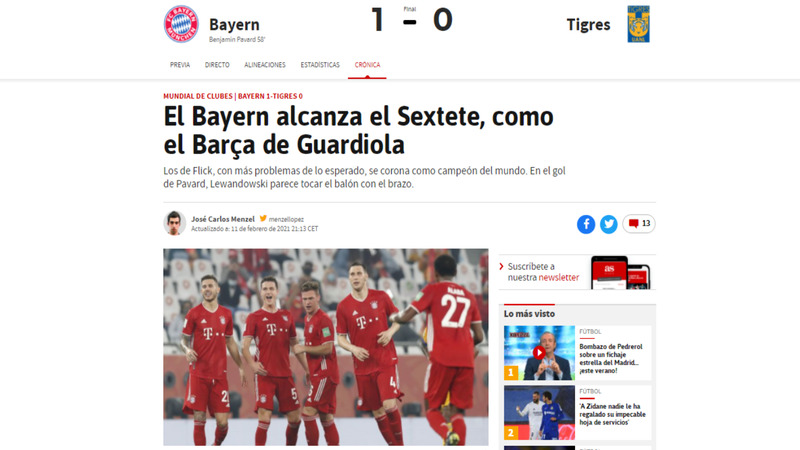 Jornal AS - O jornal espanhol AS exaltou os seis títulos conquistados pelo Bayern na temporada, comparando com as conquistas de Pep Guardiola, no Barcelona. 