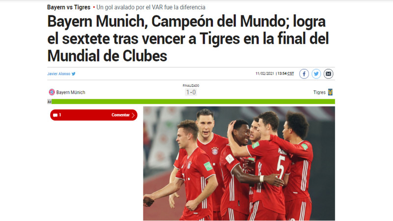 Marca - O jornal espanhol destacou o sexto título conquistado pelo Bayern de Munique na temporada ao bater o Tigres. 