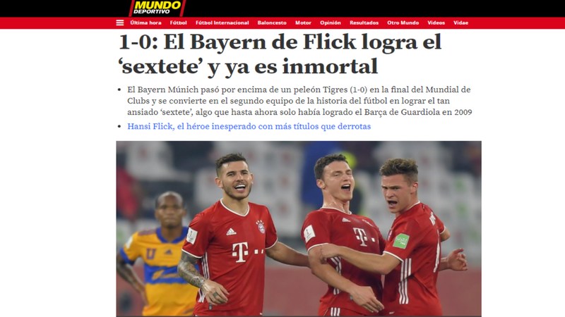 Mundo desportivo - O tradicional jornal espanhol também destacou as seis conquistas do Bayern de Munique na temporada e chamou a equipe de 'Imortal'.