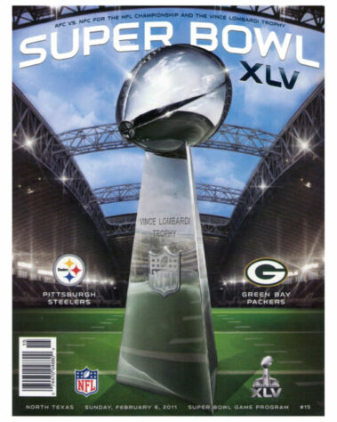 Super Bowl XLV - Green Bay Packers e Pittsburgh Steelers, duas franquias históricas da NFL, decidiram o Super Bowl XLV. Packers 31, Steelers 25 foi o placar final. Quarta conquista de SB da tradicional equipe do Wisconsin.
