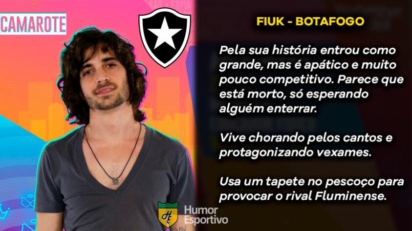 Já imaginou se comparássemos os participantes do polêmico Big Brother Brasil desse ano com os clubes que estão na Série A do Brasileirão? O Humor Esportivo fez essa brincadeira e o resultado você confere nessa galeria! Para começar, Fiuk seria o Botafogo.