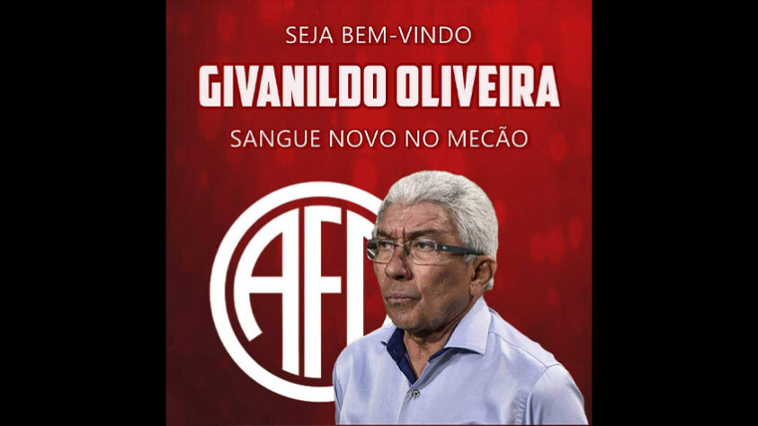 FECHADO - Givanildo Oliveira é o novo técnico do América-RJ. Aos 72 anos, o treinador chega para comandar o time na fase preliminar do Campeonato Carioca. Givanildo tem 18 estaduais, quatro títulos nacionais no currículo e duas copas regionais.