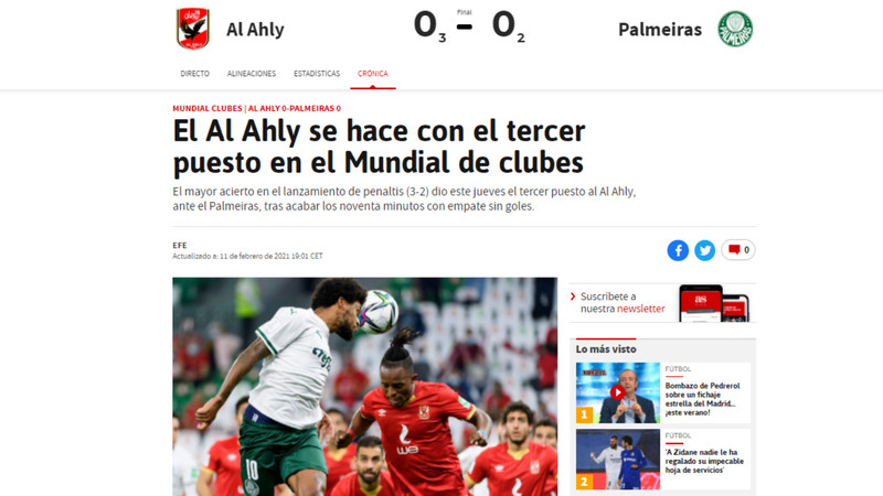 Jornal AS - Um dos principais jornais da Espanha destacou a conquista do time egípcio. 