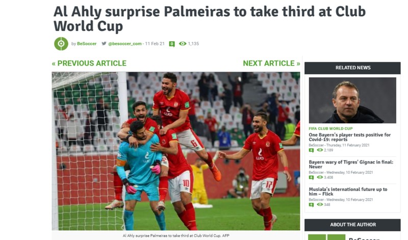 Be Soccer - A versão inglesa da 'Be Soccer' destacou que o Palmeiras foi surpreendido pelo Al Ahly. 