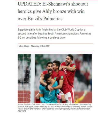 Al Ahram Web - Tristeza no Brasil, festa no Egito. O jornal esportivo do Cairo destacou a vitória do Al Ahly nos pênaltis como 'heroica'. 