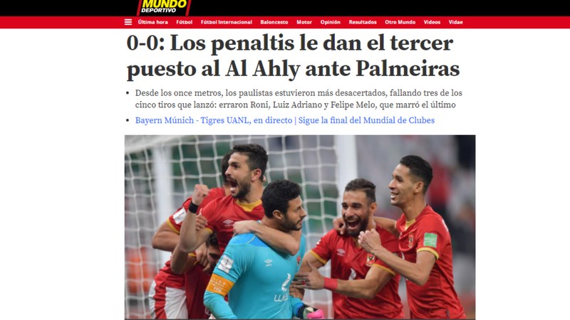 Mundo Desportivo - O diário de Barcelona destacou a vitória do Al Ahly nos pênaltis.