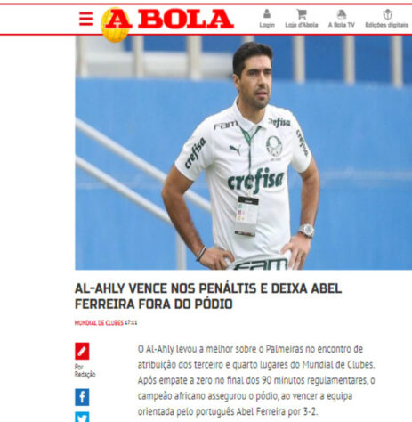 A Bola - O jornal português destacou Abel Ferreira fora do pódio do Mundial. 
