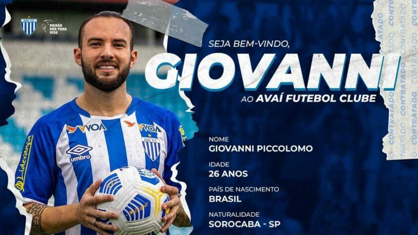 FECHADO - O Avaí anunciou a contratação por empréstimo de Giovanni Piccolomo, que atuou pelo Cruzeiro na última temporada.