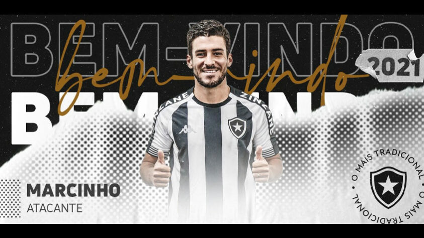 FECHADO - O Botafogo anunciou a chegada de Marcinho, que atuou no Cuiabá na última temporada. O atacante é o quinto reforço confirmado para o Alvinegro visando 2021. Marcinho rescindiu com o Goiás para assinar com o Botafogo.