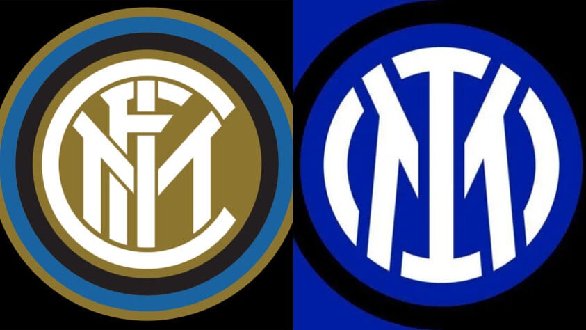 Inter de Milão - O clube mudou seu escudo na última temporada e o emblema antigo (esquerda) perdeu a cor dourada, enquanto o azul e preto prevalecem no novo (direita). 