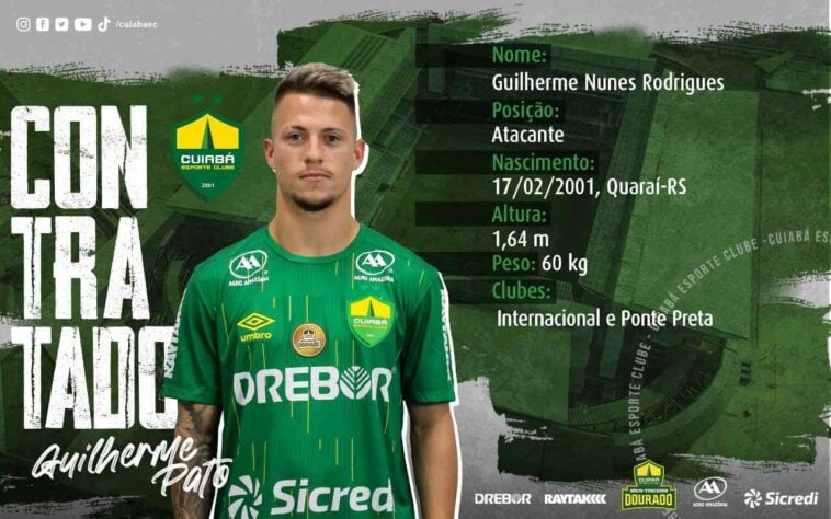 Guilherme Pato – atacante – 20 anos – emprestado ao Cuiabá até dezembro de 2021 – contrato com o Internacional até dezembro de 2021