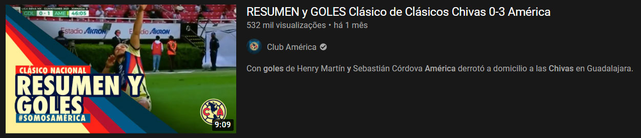 Vídeo mais visto do mês: “Resumen y goles Clásico de Clásicos Chivas 0-3 América” / 15 de mar. de 2021