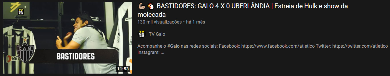 Vídeo mais visto do mês: “Bastidores: Galo 4 x 0 Uberlândia - Estreia de Hulk e show da molecada” / 10 de mar. de 2021