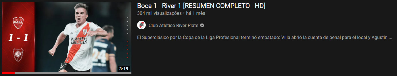 Vídeo mais visto do mês: “Boca 1 - River 1 [RESUMEN COMPLETO - HD]”/ 14 de mar. de 2021