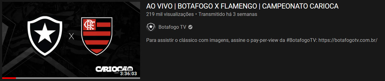 Vídeo mais visto do mês: “Ao vivo - Botafogo x Flamengo - Campeonato Carioca” / 24 de mar. de 2021