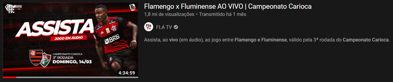 Vídeo mais visto do mês: “Flamengo x Fluminense ao vivo - Campeonato Carioca” / 14 de mar. de 2021