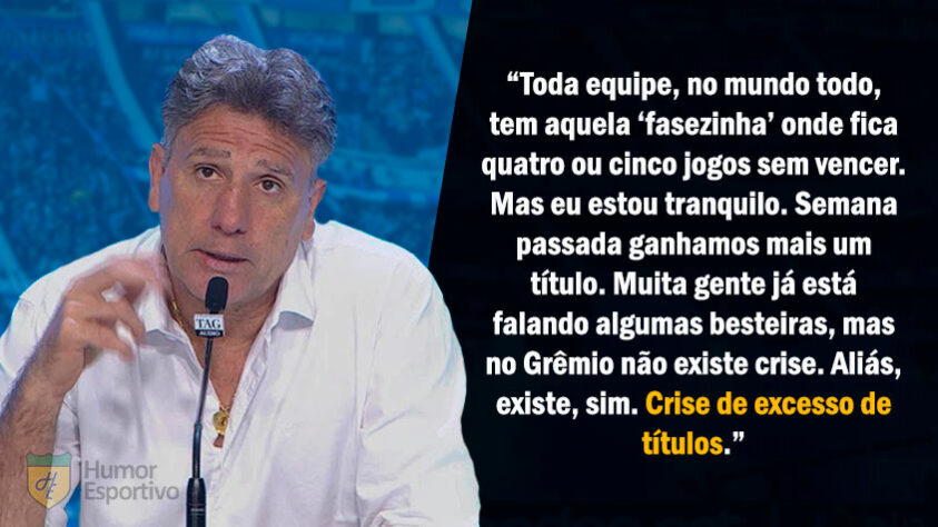 Sofrendo com uma longa sequência sem vitórias no Brasileirão 2020, o treinador ironizou uma suposta crise nos bastidores do Grêmio