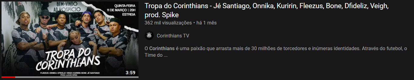 Vídeo mais visto do mês: “Tropa do Corinthians - Jé Santiago, Onnika, Kuririn, Fleezus, Bone, Dfideliz, Veigh, prod. Spike” / 11 de mar. de 2021