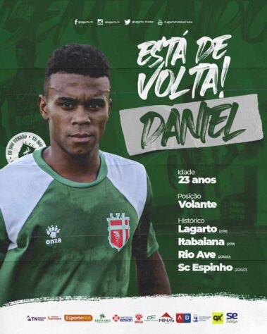 FECHADO - O Lagarto anunciou a contratação do volante Daniel, que já atuou pelo clube em 2018 e volta para jogar o Campeonato Sergipano de 2021.