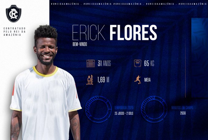 FECHADO - O Remo anunciou o empréstimo do meia Erick Flores, que chega do Boavista para a temporada 2021.