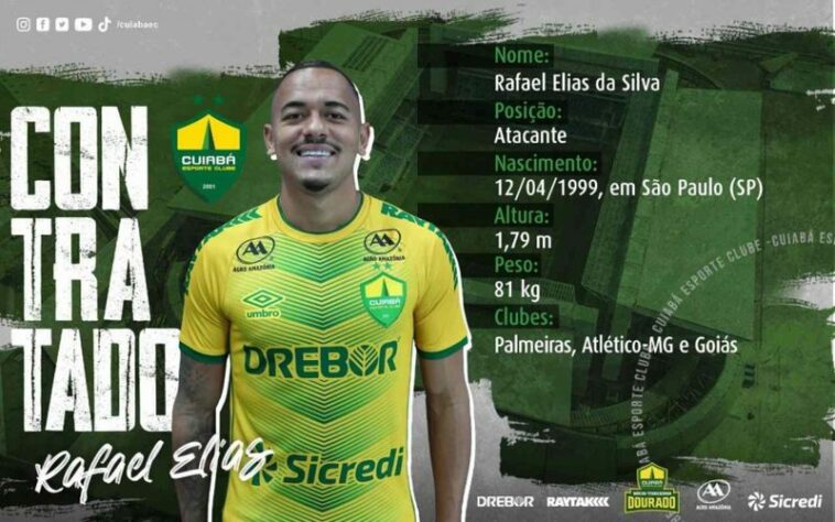 FECHADO - O Cuiabá anunciou, nesta quinta-feira (27), a contratação, por empréstimo, do atacante Rafael Elias, que pertence ao Palmeiras. O atleta, que recebeu algumas chances na equipe do Verdão durante a primeira fase do Paulistão, assinou com a equipe do Centro-Oeste até o final da temporada.