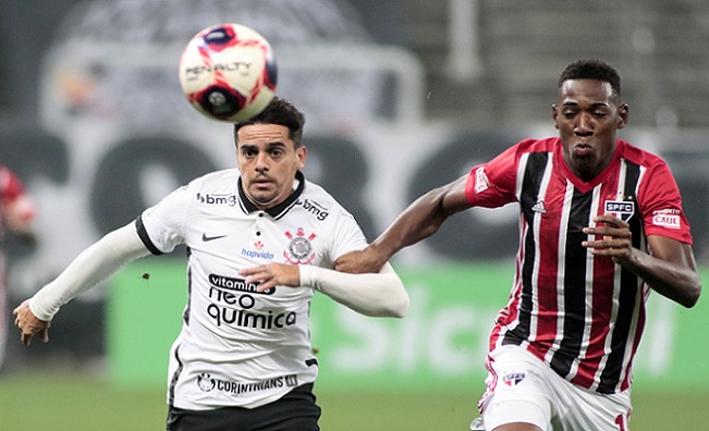 2/5/2021 - Corinthians 2 x 2 São Paulo - Fase de Grupos do Paulistão-2021. Gols: Luan e Gustavo Mosquito (COR)/Miranda e Luciano (SAO)