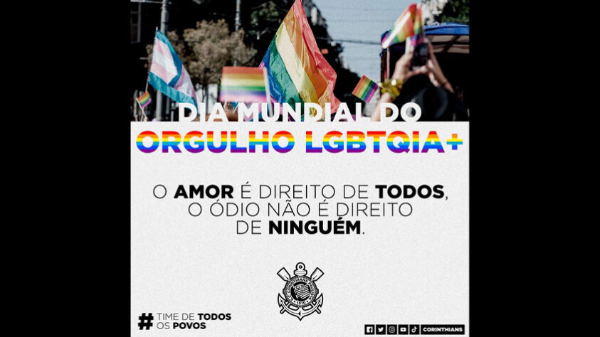 O Corinthians relembrou a triste marca do Brasil, que é o país que mais mata pessoas LGBTQIA+ no mundo, para prestar sua homenagem ao Dia Internacional do Orgulho LGBTQIA+. O clube também pediu respeito a "quem só quer amar”.