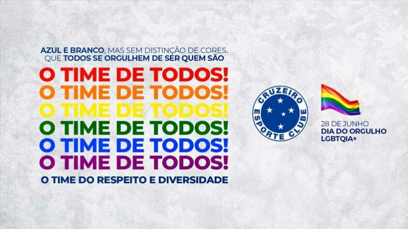 O Cruzeiro também fez uma arte com as cores da bandeira LGBTQIA+ e pediu para que todos se “orgulhem de quem são”. A Raposa também escreveu que são azul e branco mas “sem distinção de cores”.