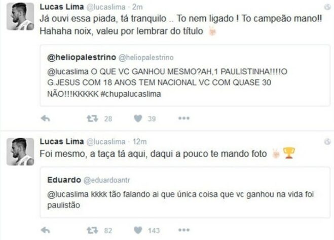 O jogador ainda respondeu torcedores do Palmeiras, após ter sido campeão paulista com o Santos, em 2016.
