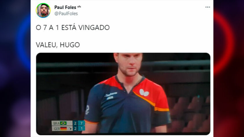 Além disso, uma enxurrada de memes também agitou a disputa de tênis de mesa. O brasileiro Hugo Calderano abriu 7 a 1 sobre o alemão Dimitrij Ovtcharov no quinto set das quartas de final dos Jogos Olímpicos. Nas redes sociais, os brasileiros comemoram “a vingança” do resultado envolvendo os dois países.