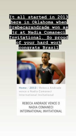 Ainda no clima de comemoração da ginástica artística brasileira, uma das maiores ginastas da história, a romena Nadia Comăneci parabenizou Rebeca e o time brasileiro em suas redes sociais. 
